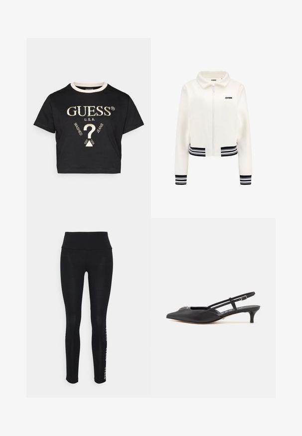Balta pūkinė striukė su užtrauktuku priekyje, juodai baltomis dryžuotomis rankogaliais ir juosmeniu. Krūtinėje yra juodas „GUESS“ logotipas.; Juodas trumpas medvilninis marškinėliai su balta banguota apykakle, su auksiniu siuvinėjimu "GUESS U.S.A." logotipo ir grafiką detalėmis.; Juodos leggingai su aukštu liemeniu, pagaminti iš lygios medžiagos. Yra spausdintas prekės ženklo logotipas šone. Sukurti komfortui ir lankstumui.; Juodi slingback batai su smailiu pirštu, pagaminti iš lygaus medžiagos, turintys mažą kulniuką ir dekoratyvų sidabrinį akcentą ant avikailio.