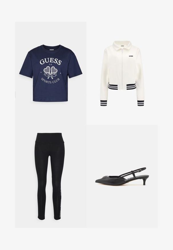 Balta pūkinė striukė su užtrauktuku priekyje, juodai baltomis dryžuotomis rankogaliais ir juosmeniu. Krūtinėje yra juodas „GUESS“ logotipas.; Jūros spalvos medvilnės marškinėliai trumpomis rankovėmis, apvalia iškirpte, su balta "GUESS L.A. SPORTS CLUB" grafika, kurioje pavaizduoti du teniso raketės.; Juodos leggingai su aukštu liemeniu, pagaminti iš lygios medžiagos. Yra spausdintas prekės ženklo logotipas šone. Sukurti komfortui ir lankstumui.; Juodi slingback batai su smailiu pirštu, pagaminti iš lygaus medžiagos, turintys mažą kulniuką ir dekoratyvų sidabrinį akcentą ant avikailio.
