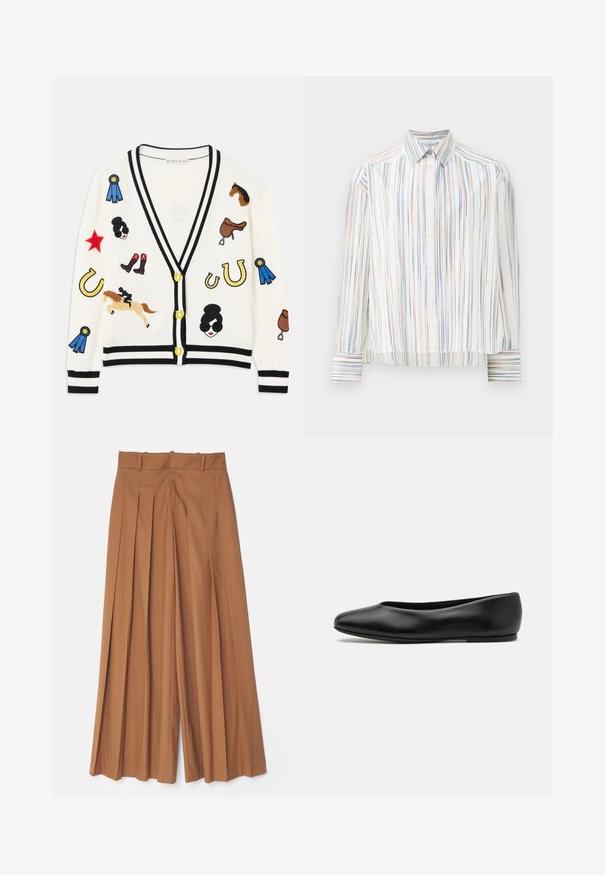 Cardigan bianco con rifiniture nere, caratterizzato da design ricamati colorati di cavalli, premi e figure. Il design include stivali, stelle e ferro di cavallo.; Camicia a righe con base bianca, caratterizzata da linee multi-colore strette in blu, arancione e verde. Maniche lunghe e colletto classico.; Alice + Olivia SIMON WIDE LEG TROUSER - Pantaloni - camel; Paul Smith TOPANGA - Ballerine - black
