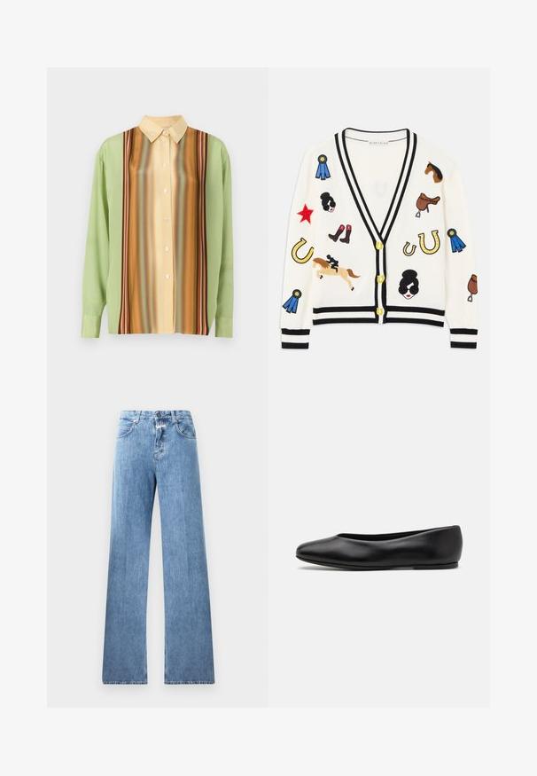 White cardigan with black trim, featuring colorful embroidered designs of horses, awards, and figures. Design includes boots, stars, and horseshoes.; Long-sleeve shirt in light green and creamy yellow, featuring vertical striped patterns in brown, orange, and red; five buttons down the front.; Cotton short-sleeve T-shirt with a crew neckline, featuring black vertical stripes on a white background and a straight cut design.; Light blue denim jeans with a wide-leg design, five pockets, belt loops, and a button closure. The fabric has a smooth texture.; Paul Smith TOPANGA - Ballet pumps - black