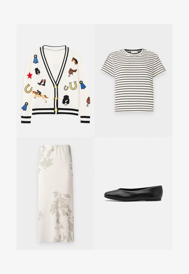 Weißer Cardigan mit schwarzem Besatz, der bunte bestickte Motive von Pferden, Auszeichnungen und Figuren zeigt. Das Design umfasst Stiefel, Sterne und Hufeisen.; Kurzarm-T-Shirt aus Baumwolle mit Rundhalsausschnitt, das auf einem weißen Hintergrund schwarze vertikale Streifen und einen geraden Schnitt aufweist.; Weißer Rock mit schmalem Streifenmuster und hellgrauen Blumenmotiven. Elastischer Bund für eine bequeme Passform.; Paul Smith TOPANGA - Klassischer Ballerina - black
