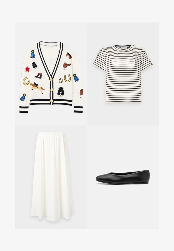 Weißer Cardigan mit schwarzem Besatz, der bunte bestickte Motive von Pferden, Auszeichnungen und Figuren zeigt. Das Design umfasst Stiefel, Sterne und Hufeisen.; Kurzarm-T-Shirt aus Baumwolle mit Rundhalsausschnitt, das auf einem weißen Hintergrund schwarze vertikale Streifen und einen geraden Schnitt aufweist.; Weiße, knöchellange Röcke aus leichtem Stoff mit einem gerafften Gummibund und einem ausgestellten Saum, die eine glatte Textur aufweisen.; Paul Smith TOPANGA - Klassischer Ballerina - black