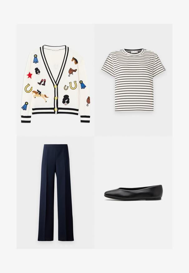 Witte cardigan met zwarte rand, voorzien van kleurrijke geborduurde ontwerpen van paarden, prijzen en figuren. Het ontwerp bevat laarzen, sterren en hoefijzers.; Katoenen T-shirt met korte mouwen en een ronde hals, met zwarte verticale strepen op een witte achtergrond en een rechte snit.; Wijde broek met een donkerblauwe stof, met een gladde textuur, subtiele voorplooien en een aansluitende tailleband voor een gestroomlijnde silhouette.; Paul Smith TOPANGA - Ballerina's - black