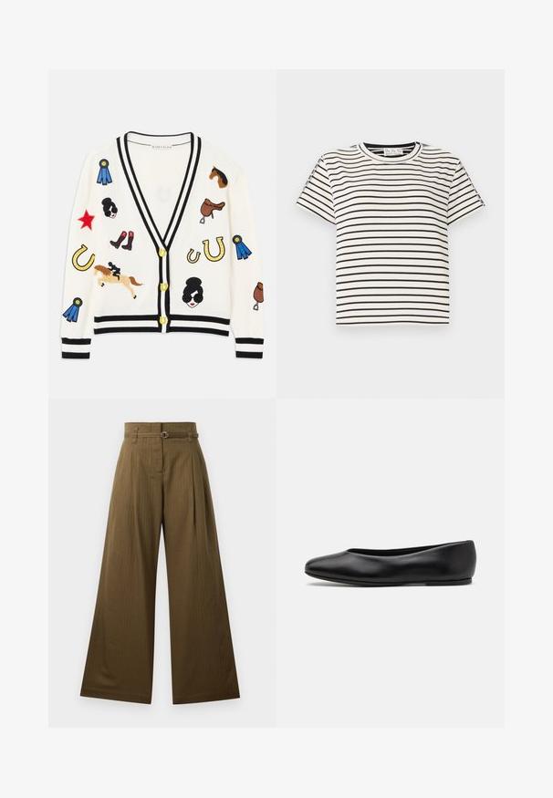 Witte cardigan met zwarte rand, voorzien van kleurrijke geborduurde ontwerpen van paarden, prijzen en figuren. Het ontwerp bevat laarzen, sterren en hoefijzers.; Katoenen T-shirt met korte mouwen en een ronde hals, met zwarte verticale strepen op een witte achtergrond en een rechte snit.; Brede broek in olijfgroene stof, met een hoge taille, voorplooien en een zilveren ronde riemgesp. Soepele textuur.; Paul Smith TOPANGA - Ballerina's - black