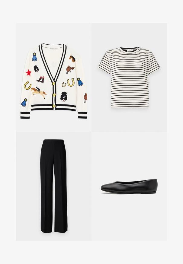 Witte cardigan met zwarte rand, voorzien van kleurrijke geborduurde ontwerpen van paarden, prijzen en figuren. Het ontwerp bevat laarzen, sterren en hoefijzers.; Katoenen T-shirt met korte mouwen en een ronde hals, met zwarte verticale strepen op een witte achtergrond en een rechte snit.; Zwarte wijde broek met een gladde textuur, voorzien van een hoge tailleband en middelste plooien. Geen zichtbare patronen of hardware-details.; Paul Smith TOPANGA - Ballerina's - black
