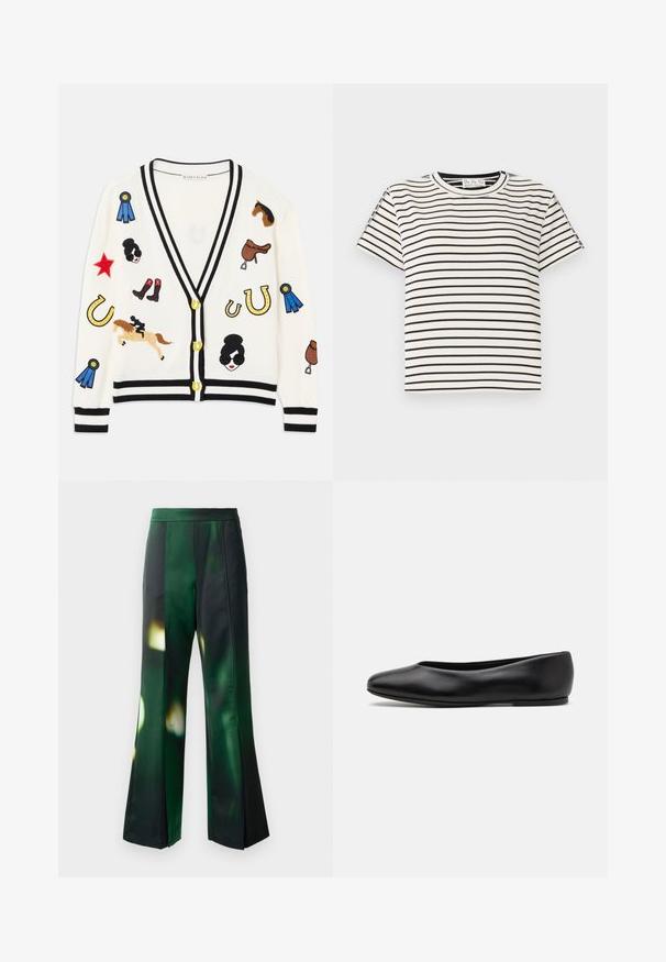 Cardigan bianco con rifiniture nere, caratterizzato da design ricamati colorati di cavalli, premi e figure. Il design include stivali, stelle e ferro di cavallo.; T-shirt in cotone a maniche corte con scollo rotondo, caratterizzato da strisce verticali nere su sfondo bianco e un design a taglio dritto.; Pantaloni a zampa d'elefante in tessuto raso verde e nero con un motivo astratto, caratterizzati da una texture liscia e una vita strutturata.; Paul Smith TOPANGA - Ballerine - black