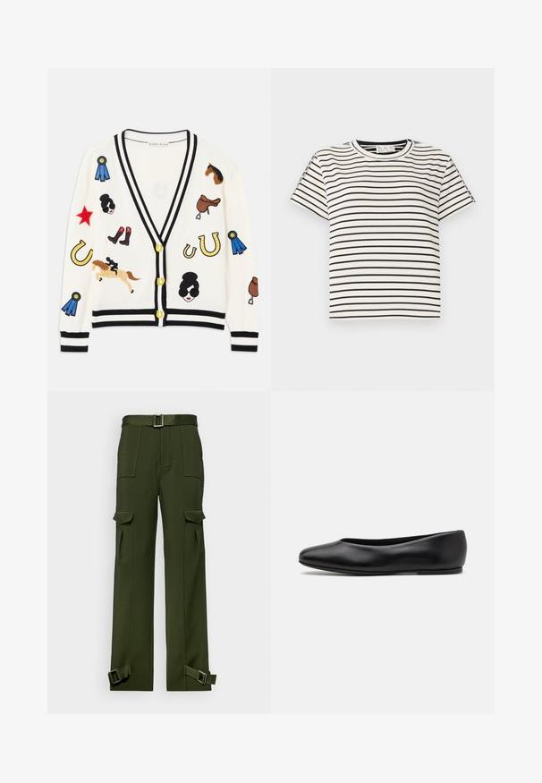 Balts kardigāns ar melnu apdari, kura dizainā ir krāsaini izšūti zīmējumi ar zirgiem, balvām un figūrām. Dizains ietver zābakus, zvaigznes un zirgkājas.; Kokvilnas T-krekls īsām piedurknēm ar apaļu kakla izgriezumu, ar melnām vertikālām svītrām uz balta fona un taisnu griezumu.; Zaļas kravas bikses, kas izgatavotas no izturīgas auduma. Iezīmes ietver jostu viduklī, daudzas lielas kabatas un piepīpējamas siksnas pie potītēm.; Paul Smith TOPANGA - Balerīnas laiviņas - black