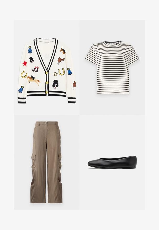 Weißer Cardigan mit schwarzem Besatz, der bunte bestickte Motive von Pferden, Auszeichnungen und Figuren zeigt. Das Design umfasst Stiefel, Sterne und Hufeisen.; Kurzarm-T-Shirt aus Baumwolle mit Rundhalsausschnitt, das auf einem weißen Hintergrund schwarze vertikale Streifen und einen geraden Schnitt aufweist.; Cargo-Hosen aus leichtbraunem Stoff mit geradem Bein, zwei seitlichen Taschen und zwei Cargo-Taschen an den Oberschenkeln.; Paul Smith TOPANGA - Klassischer Ballerina - black