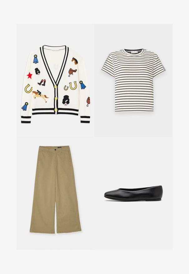 Weißer Cardigan mit schwarzem Besatz, der bunte bestickte Motive von Pferden, Auszeichnungen und Figuren zeigt. Das Design umfasst Stiefel, Sterne und Hufeisen.; Kurzarm-T-Shirt aus Baumwolle mit Rundhalsausschnitt, das auf einem weißen Hintergrund schwarze vertikale Streifen und einen geraden Schnitt aufweist.; Khakifarbene weite Baumwollhosen mit Knopfverschluss, Seitentaschen und sichtbaren Nähdetails. Glatte Textur.; Paul Smith TOPANGA - Klassischer Ballerina - black