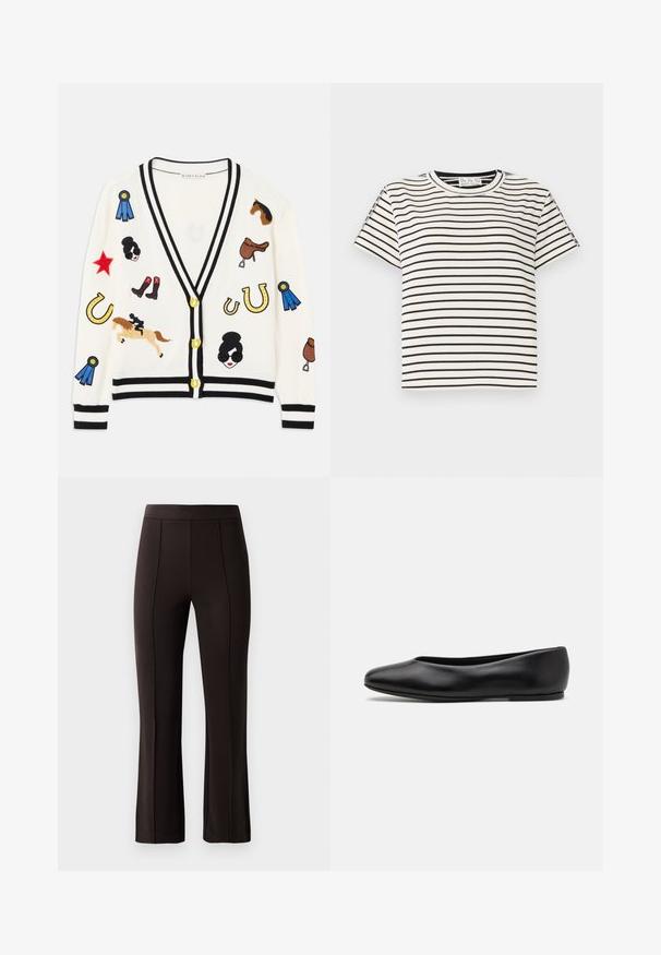 Cardigan blanc avec bordures noires, ornée de designs brodés colorés de chevaux, de récompenses et de figures. Le design inclut des bottes, des étoiles et des fers à cheval.; T-shirt en coton à manches courtes avec un col rond, présentant des rayures verticales noires sur un fond blanc et un design à coupe droite.; Pantalons noirs ajustés avec une taille cintrée, devant plat et légères évasements à l'ourlet, fabriqués dans un tissu lisse et extensible.; Paul Smith TOPANGA - Ballerines - black