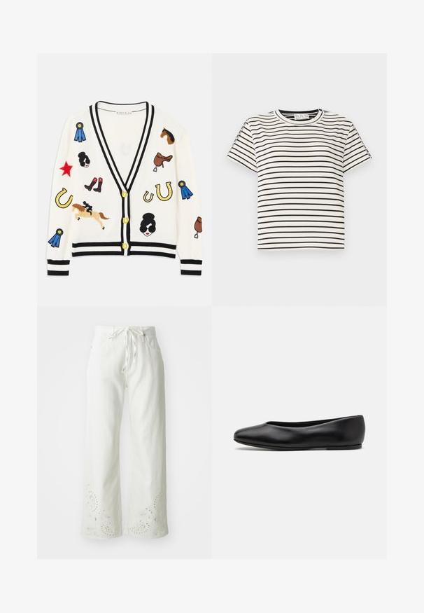 Cardigan blanc avec bordures noires, ornée de designs brodés colorés de chevaux, de récompenses et de figures. Le design inclut des bottes, des étoiles et des fers à cheval.; T-shirt en coton à manches courtes avec un col rond, présentant des rayures verticales noires sur un fond blanc et un design à coupe droite.; Pantalons larges blancs en coton, avec une taille élastique et des motifs paisley brodés sur l'ourlet. Texture lisse.; Paul Smith TOPANGA - Ballerines - black