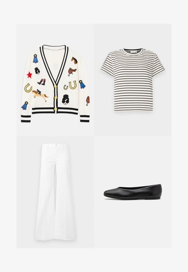 Cardigan blanc avec bordures noires, ornée de designs brodés colorés de chevaux, de récompenses et de figures. Le design inclut des bottes, des étoiles et des fers à cheval.; T-shirt en coton à manches courtes avec un col rond, présentant des rayures verticales noires sur un fond blanc et un design à coupe droite.; Pantalons évasés blancs taille haute avec des poches avant en forme de cœur, fermeture à boutons et passants de ceinture, présentés sur un fond uni.; Paul Smith TOPANGA - Ballerines - black
