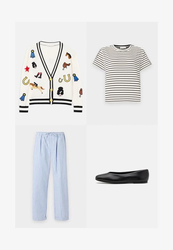 Biały kardigan z czarnym wykończeniem, zdobiony kolorowymi wyszywanymi wzorami przedstawiającymi konie, nagrody i postacie. Wzór zawiera również buty, gwiazdy i podkowy.; Bawełniana koszulka T-shirt z krótkim rękawem i okrągłym dekoltem, z czarnymi pionowymi paskami na białym tle oraz prostym krojem.; Jasnoniebieskie i białe pasiaste spodnie od piżamy z elastycznym paskiem, charakteryzujące się luźnym krojem i podwiniętymi nogawkami. Wykonane z miękkiego, lekkiego materiału.; Paul Smith TOPANGA czarny