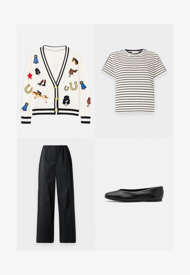 Fehér kardigán fekete szegéllyel, színes hímzett lókiállításokkal, díjakkal és alakokkal. A dizájn tartalmaz csizmákat, csillagokat és patkákat.; Pamut rövid ujjú póló, kerek nyakkivágással, fekete függőleges csíkozással fehér alapon és egyenes szabású dizájnnal.; Fekete, laza szabású nadrág puha gumis derékkal, sima textúrával, látható zsebek és díszítések nélkül.; Paul Smith TOPANGA - Balerina cipők - black