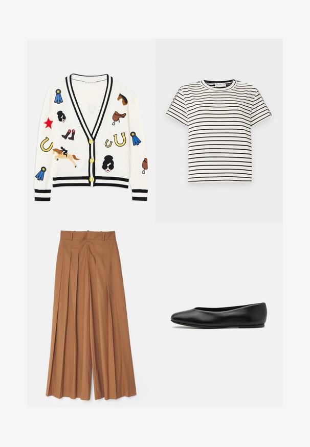 Bílý cardigan s černým lemem, s barevnými vyšitými vzory koní, cen a postav. Design obsahuje boty, hvězdy a podkovy.; Bavlněné tričko s krátkým rukávem a kulatým výstřihem, s černými vertikálními pruhy na bílém pozadí a s rovného střihu.; Alice + Olivia SIMON WIDE LEG TROUSER - Kalhoty - camel; Paul Smith TOPANGA - Klasické baleríny - black