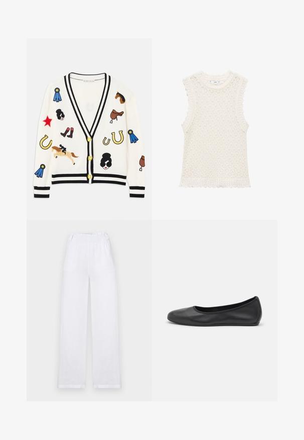 Cardigan alb cu detalii negre, având modele brodate colorate cu cai, premii și figurine. Designul include cizme, stele și potcoave.; Top fără mâneci tricotat în nuanța ivoriu, cu un design texturat și o țesătură deschisă. Marginile cu volane la gleznele brațelor și la marginea inferioară adaugă detaliu.; Pantaloni largi din in alb, cu talie elastică, două buzunare laterale și o siluetă dreaptă, cu tivuri răsucite.; Balerini din piele neagră, cu vârf rotund, textură netedă, detalii de cusătură minimale și un design al tălpii flexibil.
