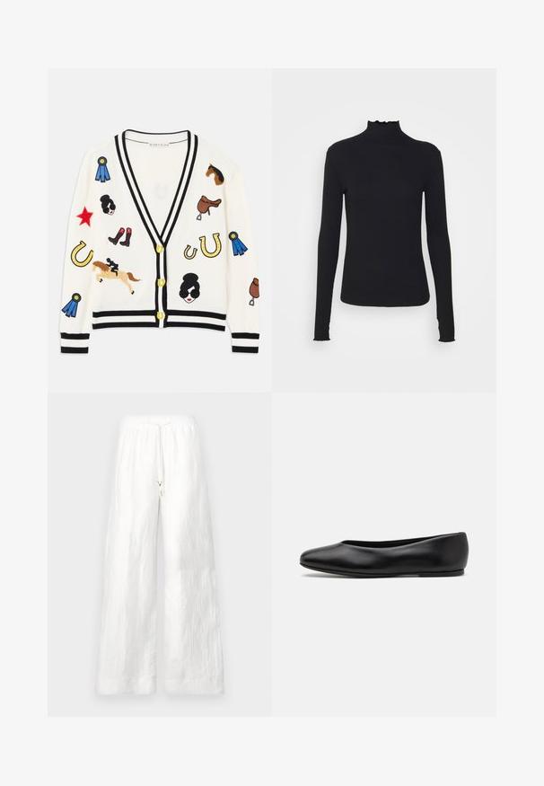 White cardigan with black trim, featuring colorful embroidered designs of horses, awards, and figures. Design includes boots, stars, and horseshoes.; Black long-sleeve turtleneck top made of smooth fabric, featuring a ruffled neck and fitted silhouette with simple edges.; White linen wide-leg pants with an elastic waistband and a drawstring. Features a smooth texture and a loose fit. No pockets visible.; Paul Smith TOPANGA - Ballet pumps - black