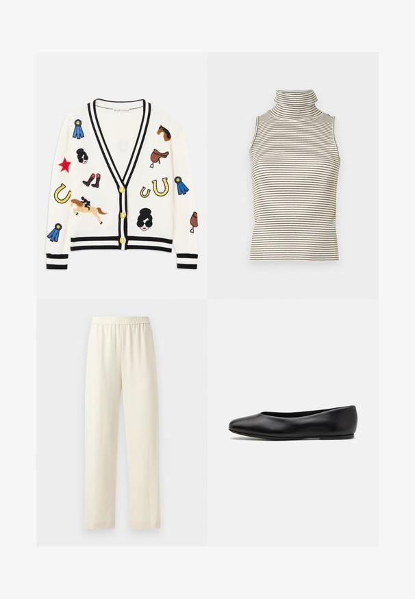 Weißer Cardigan mit schwarzem Besatz, der bunte bestickte Motive von Pferden, Auszeichnungen und Figuren zeigt. Das Design umfasst Stiefel, Sterne und Hufeisen.; Ärmelloses Rollkragenoberteil mit vertikalen schwarz-weißen Streifen, hergestellt aus einem strukturierten Strickstoff und mit einem hohen, eng anliegenden Kragen.; Cremfarbene, gerade geschnittene Hosen mit einem elastischen Bund, glatter Textur und ohne sichtbare Muster oder Beschläge.; Paul Smith TOPANGA - Klassischer Ballerina - black