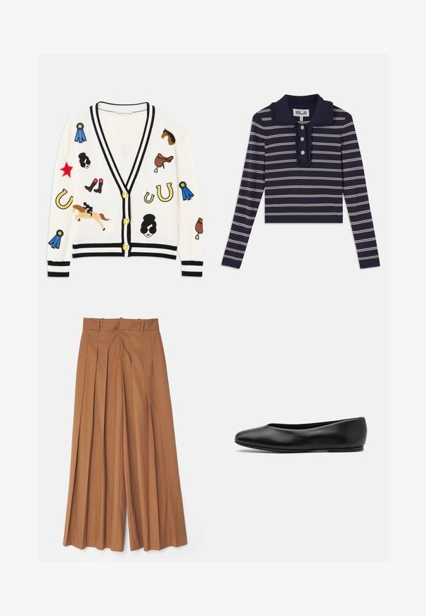 White cardigan with black trim, featuring colorful embroidered designs of horses, awards, and figures. Design includes boots, stars, and horseshoes.; Navy long-sleeve shirt with pink horizontal stripes, ruffled collar, and three-button placket at the front; made from a soft, stretchy material.; Alice + Olivia SIMON WIDE LEG TROUSER - Trousers - camel; Paul Smith TOPANGA - Ballet pumps - black