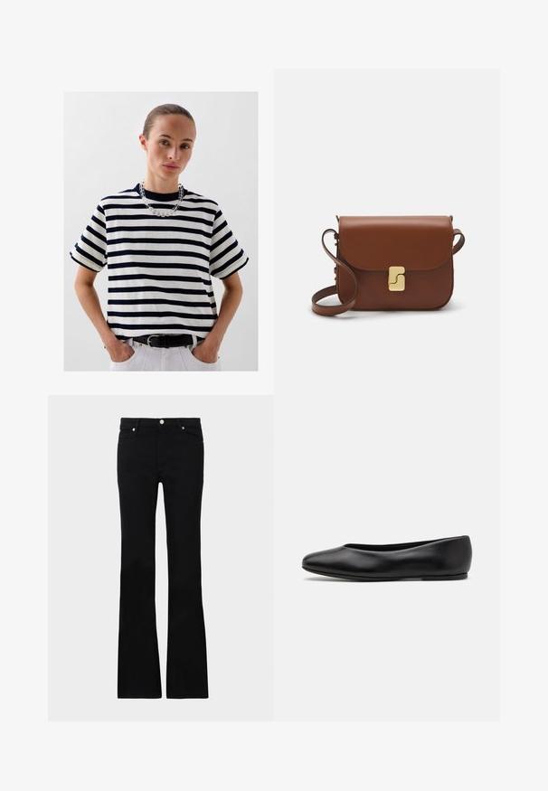 Cardigan blanc avec bordures noires, ornée de designs brodés colorés de chevaux, de récompenses et de figures. Le design inclut des bottes, des étoiles et des fers à cheval.; Scalpers HEAVY SOLID - T-shirt imprimé - navy stripes; Jean évasé noir en denim, avec deux poches avant, une fermeture à bouton et une texture lisse. Couture signature visible aux coutures.; Paul Smith TOPANGA - Ballerines - black; Sac à main en cuir marron avec une fermeture à rabat, des accents en métal doré, une bandoulière et une texture lisse. Forme rectangulaire compacte.