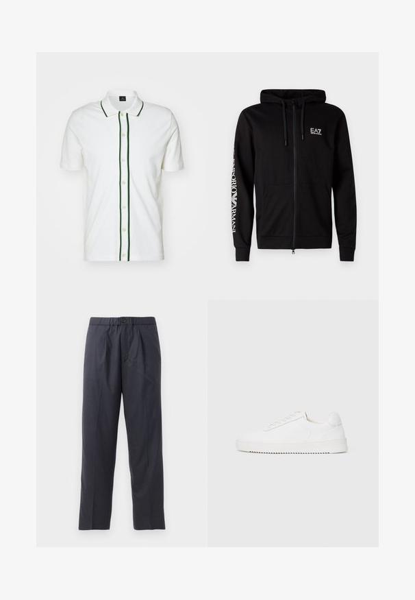 Svart zip-hoodie, bomullsblanding, med hette med snøring, kengurulomme, og hvit EA7-logo på brystet og ermet. Glatt tekstur.; Hvit polo skjorte med korte ermer, grønn trim langs kragen og knappestolpen, og kremfargede knapper, laget av et glatt stoff.; Mørkeblå bukser laget av mykt stoff med plisserte detaljer foran og elastisk midje. Har knappelukking og rett ben.; Hvit sneaker med en glatt skinnoverdel, avrundet tå, snøring, teksturerte sideakenter og en tykkgummisåle. Minimalistisk design.
