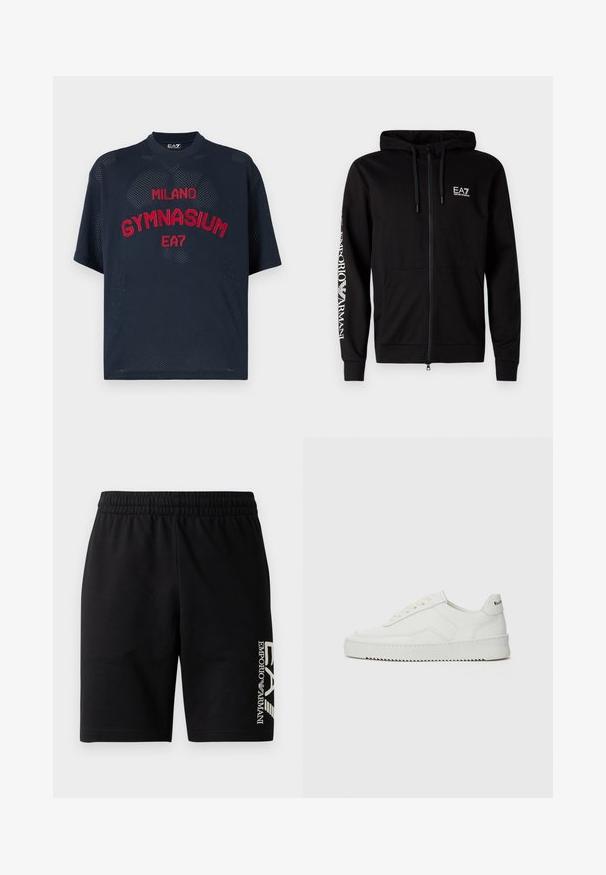 Črna zip-up kapuca, mešanica bombaža, z zavezanjem na kapuci, kengurujskim žepom in belim EA7 logotipom na prsih in rokavu. Gladka tekstura.; Mornarsko modra kratka majica iz mrežaste tkanine z rdečim vezenjem "MILANO GYMNASIUM EA7", s pristnim ovratnikom in sproščenim fit designom.; EA7 Emporio Armani TRAIN VISIBILITY - Kratke hlače - black/cream; Bela usnjena športna obutev z gladko površino, okroglo prst, ravne vezalke in teksturiran podplat. Ima diskretno logo na peti.
