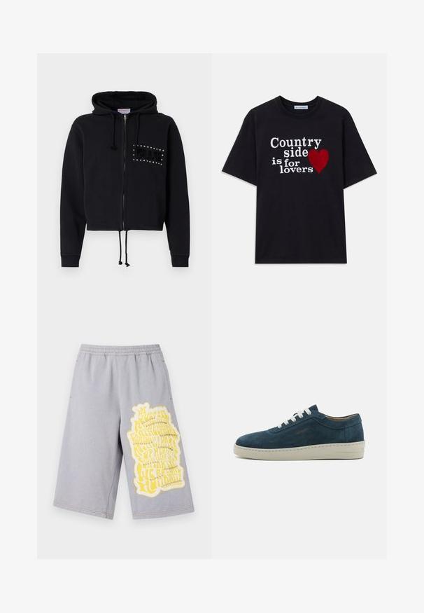 Black cropped hoodie with zipper, featuring a drawstring hood and front pockets. Embellished "BLUE" in beads and plush texture on chest.; Black short-sleeve T-shirt with white text "Countryside is for lovers" and a red heart graphic on the front.; Gray cotton shorts with an elastic waistband, featuring a large yellow graphic print and distressed edges on the left leg.; Blue suede sneaker with a rounded toe, white laces, and a rubber sole. Features subtle stitching and a branded accent on the side.