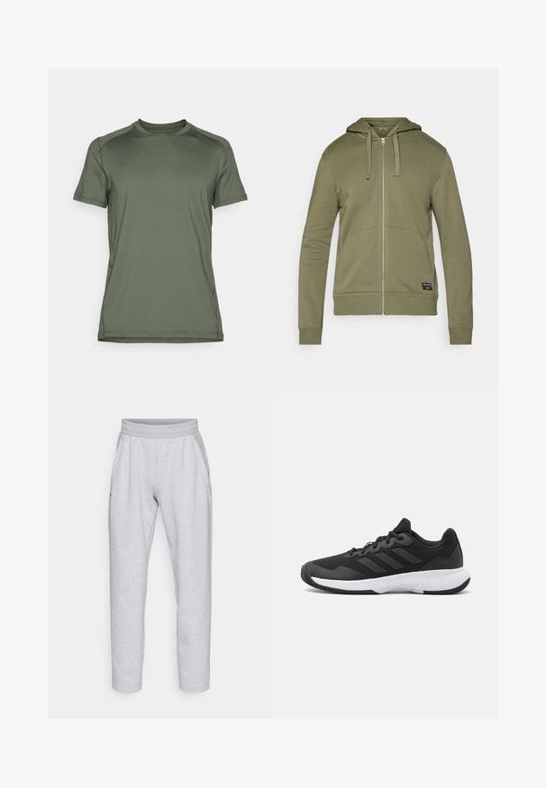 Olijfgroene rits-trui met een capuchon, twee voorzakken, geribde manchetten en een label rechtsonder. Zachte katoenmix stof.; Sportieve shirt met korte mouwen in olijfgroen, gemaakt van soepel, lichtgewicht materiaal; heeft een ronde halslijn en minimale naaddetails.; Lichtgrijze sweatpants gemaakt van zachte stof, met een elastische tailleband, twee zijzakken en taps toelopende benen met een manchetzoom.; Zwarte sportieve schoen met een gestructureerde bovenkant, drie horizontale strepen en een witte zool met een gepatternde loopvlak. Lichtgewicht en gestroomlijnd ontwerp.