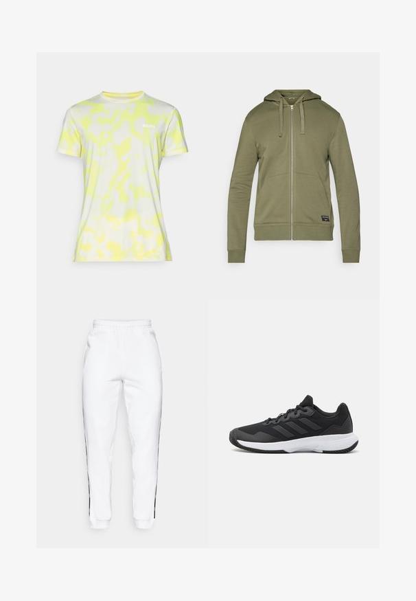 Olivazöld cipzáras kapucnis felső, két elülső zsebbel, bordázott mandzsettával és címkével az alsó jobb oldalon. Puha pamut keverék anyag.; Rövid ujjú, testhezálló póló könnyű anyagból, fehér alappal, sárga absztrakt mintákkal és egy kis "BORG" logóval a mellrészen.; Fehér melegítőnadrág, gumis derekkal, fekete oldalsávokkal és szegőkkel. Puha anyagból készült, sima tapintású.; Fekete sportcipő, amely texturált felsőrésszel, három vízszintes csíkkal és mintázott talppal ellátott fehér talppal rendelkezik. Könnyű és áramvonalas dizájn.