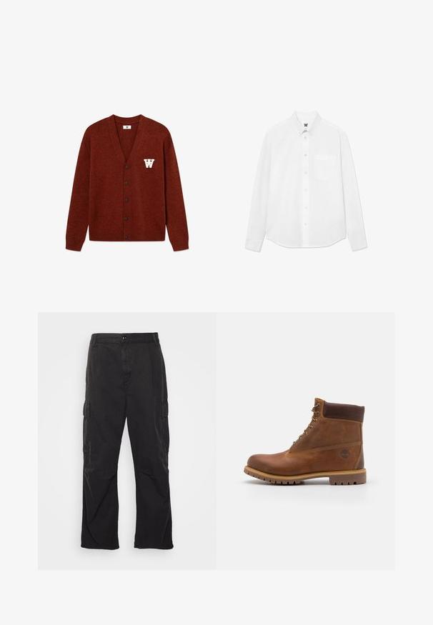 DOUBLE A BY W.W. WWTAY CARDIGAN 25081 - Chaqueta de punto - decadent chocolate melange; Camisa blanca de manga larga con botones y cuello, bolsillo frontal y una textura sutil. La tapeta delantera tiene botones y un pequeño detalle del logo.; Pantalones cargo negros con un diseño de pierna recta, que cuentan con dos bolsillos laterales, un cierre de botón y una tela texturada.; Botas de senderismo de cuero marrón con un acabado suave, tobillo acolchado, ojales de metal y suela de goma con un patrón de tracción robusto.