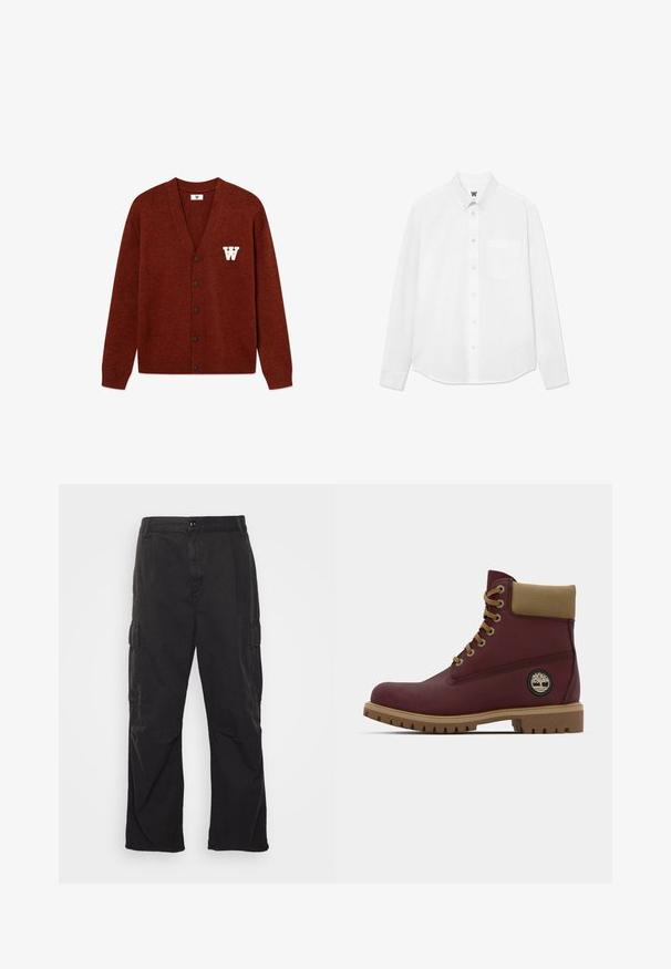 DOUBLE A BY W.W. WWTAY CARDIGAN 25081 - Kardigán - decadent chocolate melange; Fehér, hosszú ujjú, gombos ing, gallérral, elülső zsebből és finom textúrából. Az elülső gombolás gombokkal és egy kis logó részlettel rendelkezik.; Fekete cargo nadrág egyenes szárú fazonnal, két oldalsó zsebbel, gombos záródással és texturált anyaggal.; Burgundi színű bokacsizma barna akcentusokkal, párnázott gallérral és mintázott gumitalppal. Oldalán logó felvarró.