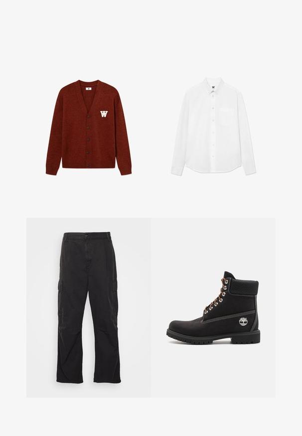 DOUBLE A BY W.W. WWTAY CARDIGAN 25081 - Vesta na kopčanje - decadent chocolate melange; Bijela košulja dugih rukava s gumbima i ovratnikom, s prednjim džepom i suptilnom teksturom. Prednja ploča s gumbima sadrži gumbe i mali detalj s logom.; Crne cargo hlače s ravnim krojem, s dvije bočne džepove, zatvaranjem na dugme i teksturiranim materijalom.; Timberland Gležnjače s vezicama - black