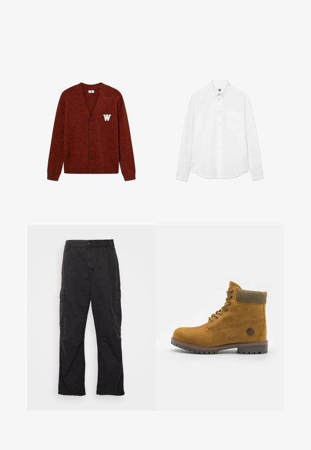 DOUBLE A BY W.W. WWTAY CARDIGAN 25081 - Kardigán - decadent chocolate melange; Fehér, hosszú ujjú, gombos ing, gallérral, elülső zsebből és finom textúrából. Az elülső gombolás gombokkal és egy kis logó részlettel rendelkezik.; Fekete cargo nadrág egyenes szárú fazonnal, két oldalsó zsebbel, gombos záródással és texturált anyaggal.; Barna bőr boka csizma világosbarna felsőrésszel, zöld kiegészítőkkel, fekete gumitalppal és fém fűzőlyukakkal, oldalt logóval ellátva.
