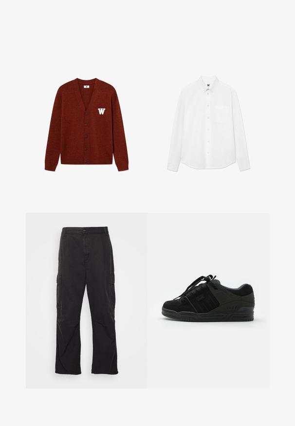 DOUBLE A BY W.W. WWTAY CARDIGAN 25081 - Cardigan - decadent chocolate melange; Camicia bianca a maniche lunghe con bottoni, colletto, taschino frontale e una texture sottile. La parte frontale è dotata di bottoni e un piccolo dettaglio del logo.; Pantaloni cargo neri con design a gamba dritta, dotati di due tasche laterali, chiusura con bottone e un tessuto testurizzato.; Sneaker nera con tomaia in suede e tessuto, caratterizzata da dettagli testurizzati, collo imbottito, lacci e suola in gomma con dettaglio del logo.