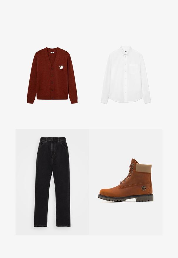 DOUBLE A BY W.W. WWTAY CARDIGAN 25081 - Kardigan - decadent chocolate melange; Valge pikkade varrukatega särk, millel on kaelus, eesmine tasku ja peen tekstuur. Eesmine klapp on varustatud nuppudega ja väikese logodetailiga.; Mustad sinise denimi püksid sirge sääre kujundusega, viie taskuga, nööbi ja lukuga sulgur, kontrastse kollase õmblusega.; Timberland Nööritavad poolsaapad - medium orange
