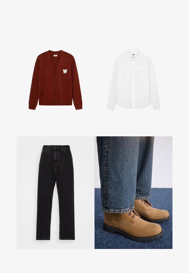 DOUBLE A BY W.W. WWTAY CARDIGAN 25081 - Cardigan - decadent chocolate melange; Cămașă albă cu mânecă lungă, cu guler, buzunar frontal și textură subtilă. Placa frontală are nasturi și un detaliu mic cu logo.; Blugi negri din denim cu un design drept, având cinci buzunare, închidere cu nasture și fermoar, și cusături contrastante galbene.; Timberland Botine cu șireturi - medium beige