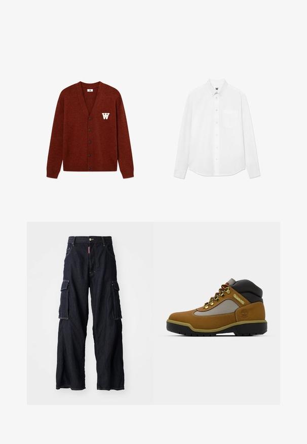 DOUBLE A BY W.W. WWTAY CARDIGAN 25081 - Kardigan - decadent chocolate melange; Valge pikkade varrukatega särk, millel on kaelus, eesmine tasku ja peen tekstuur. Eesmine klapp on varustatud nuppudega ja väikese logodetailiga.; Tumed sinine denimist cargo püksid laiade säärtega, millel on suured küljetaskud ja ees nuppudega kinnitus. Raske kangas, kollased õmblused aktsentidena.; Pruun matkajalats, millel on halli ja musta aktsentidega, tekstuuriga nahast ülemine osa, metallist silmad ja robustne kummist tald haardevuseks.