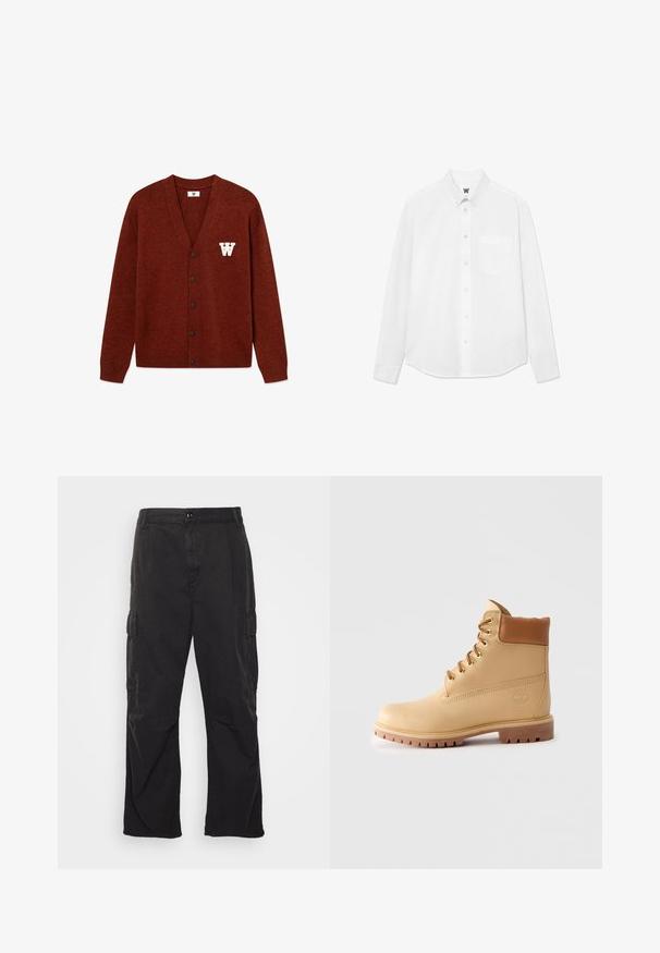 DOUBLE A BY W.W. WWTAY CARDIGAN 25081 - Jopica - decadent chocolate melange; Bela srajca z dolgimi rokavi in gumbi, s ovratnikom in sprednjim žepom, z rahlo teksturo. Sprednji del srajce ima gumbe in majhen detajl z logotipom.; Črne cargo hlače s ravnim krojem, ki vključujejo dve stranski žepu, gumbasto zapiranje in teksturirano blago.; Svetlo rjavi usnjeni gležnjarji s podloženim ovratnikom, zlatimi očesci, svetlo rjavimi vezalkami in debelim zračnim podplatom na svetli enobarvni podlagi.