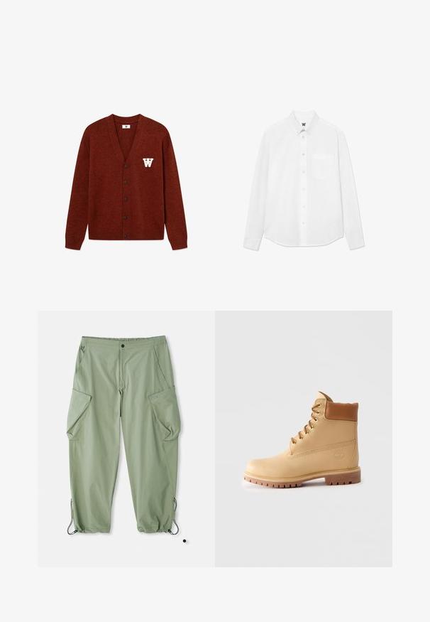 DOUBLE A BY W.W. WWTAY CARDIGAN 25081 - Cardigan - decadent chocolate melange; Hvid langærmet skjorte med knapper, krave, forlommer og subtil tekstur. Frontlukning har knapper og et lille logo-detalje.; Lys grønne cargo bukser med elastisk talje, flere sidelommer og snore ved anklerne. Fremstillet af slidstærkt, struktureret stof.; Lysebrun læder ankelstøvle med polstret krave, gyldne snøringer, brune snørebånd og tyk sål med riller på ensfarvet lys baggrund.