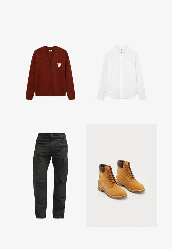 DOUBLE A BY W.W. WWTAY CARDIGAN 25081 - Kardigan - decadent chocolate melange; Bílá košile s dlouhým rukávem a límečkem, s přední kapsou a jemnou texturou. Přední léga má knoflíky a malou logo detaily.; Černé cargo kalhoty vyrobené z odolné tkaniny, s několika bočními kapsami, knoflíkovým zapínáním a rovnými nohavicemi. Mají strukturovaný materiál.; Pár hnědých kožených pracovních bot s hnědými polstrovanými límci, kovovými dírkami a silnými vzorovanými podrážkami na bílém pozadí.