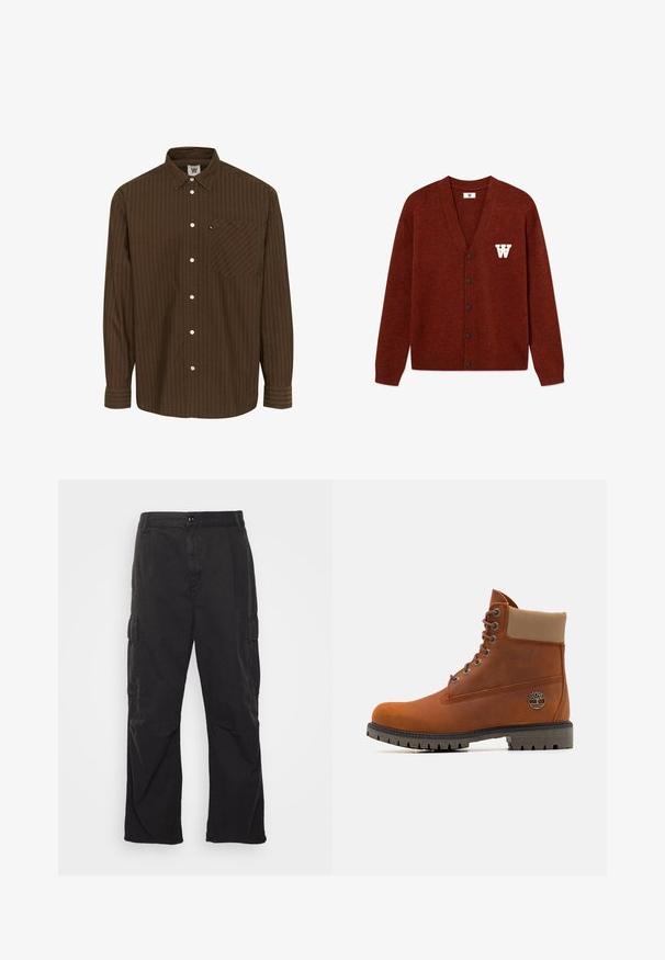 DOUBLE A BY W.W. WWTAY CARDIGAN 25081 - Kardigan - decadent chocolate melange; Pruuniribaeline nööpidega särk, millel on krae, pikad varrukad ja rinnaehe; sisaldab valgeid nuppe ja tekstureeritud kangast.; Mustad cargo püksid sirge jala disainiga, millel on kaks külgtaskut, nööpkinnitus ja tekstuuriga kangas.; Timberland Nööritavad poolsaapad - medium orange