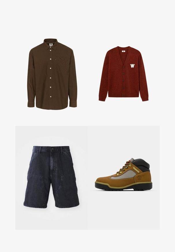 DOUBLE A BY W.W. WWTAY CARDIGAN 25081 - Cardigan - decadent chocolate melange; Brunstribet skjorte med knaplukning, krave, lange ærmer og en brystlomme; har hvide knapper og et tekstureret stof.; Mørke denim shorts med lige snit, store forlommer og knaplukning; glat tekstur og minimale syninger.; Brun vandrestøvle med grå og sorte accenter, tekstureret læderoverdel, metaløjer og en robust gummisål til godt greb.