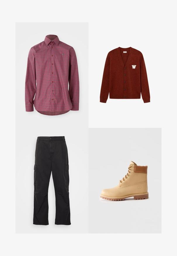 DOUBLE A BY W.W. WWTAY CARDIGAN 25081 - Kardiganas - decadent chocolate melange; Raudona languota ilgomis rankovėmis marškiniai su sagstomu apykakle, rudos spalvos mygtukais ir išlenktu apačiu, pagaminti iš audinio medvilnės.; Juodi cargo džinsai su tiesiomis kojomis, su dviem šoninėmis kišenėmis, mygtuko uždarymu ir tekstūruotu audiniu.; Šviesiai rudas odinis kulkšninis batas su paminkštinta apykakle, auksiniais aklais, rusvais raišteliais ir storu protektoriaus padu ant paprasto šviesaus fono.