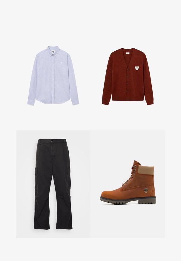 DOUBLE A BY W.W. WWTAY CARDIGAN 25081 - Cardigan - decadent chocolate melange; Camicia a maniche lunghe a righe blu e bianche con colletto a punta, taschino sul petto e dettaglio del logo sul lato sinistro. Tessuto di cotone.; Pantaloni cargo neri con design a gamba dritta, dotati di due tasche laterali, chiusura con bottone e un tessuto testurizzato.; Timberland Stivaletti stringati - medium orange