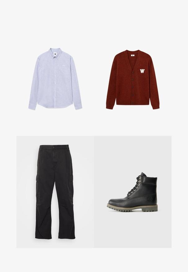 DOUBLE A BY W.W. WWTAY CARDIGAN 25081 - Cardigan - decadent chocolate melange; Camicia a maniche lunghe a righe blu e bianche con colletto a punta, taschino sul petto e dettaglio del logo sul lato sinistro. Tessuto di cotone.; Pantaloni cargo neri con design a gamba dritta, dotati di due tasche laterali, chiusura con bottone e un tessuto testurizzato.; Stivaletto in pelle nera con design stringato, collo imbottito e pannello testurizzato. Presenta una suola robusta e un logo impresso sul lato.