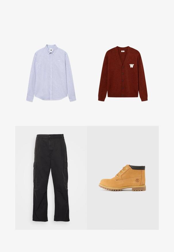 DOUBLE A BY W.W. WWTAY CARDIGAN 25081 - Vesta na kopčanje - decadent chocolate melange; Plava i bijela prugasta košulja dugih rukava s kragnom na gumbe, džepom na prsima i detaljem loga s lijeve strane. Pamuk.; Crne cargo hlače s ravnim krojem, s dvije bočne džepove, zatvaranjem na dugme i teksturiranim materijalom.; Tamno smeđe kožne čizme srednje visine s okruglim vrhom, smešnim akcentima, žutim metalnim rupama za vezivanje i čvrstim potplatom. Timberland logo utisnut sa strane.