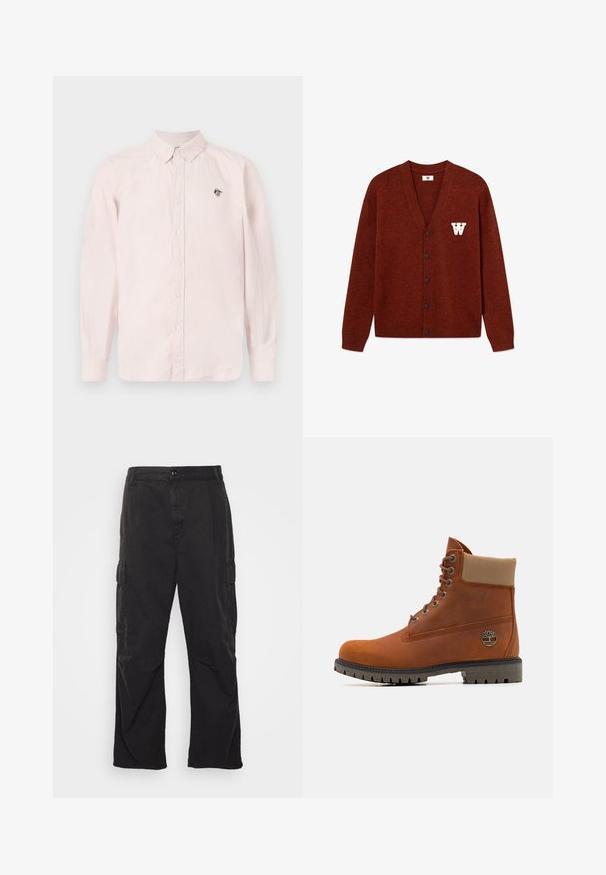 DOUBLE A BY W.W. WWTAY CARDIGAN 25081 - Neuletakki - decadent chocolate melange; Vaaleanpunainen nappiversio pitkähihaisesta paidasta, jossa on kauluspaita ja musta logo yksityiskohtana rinnassa. Valmistettu kevyestä kankaasta.; Mustat cargo-housut suoralinjaisella muotoilulla, joissa on kaksi sivutaskua, nappikiinnitys ja teksturoitu kangas.; Timberland Nauhalliset nilkkurit - medium orange