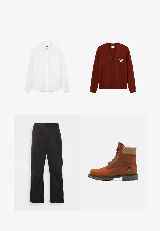 DOUBLE A BY W.W. WWTAY CARDIGAN 25081 - Kardigan - decadent chocolate melange; Bílá košile s dlouhým rukávem a límečkem, s přední kapsou a jemnou texturou. Přední léga má knoflíky a malou logo detaily.; Černé cargo kalhoty se rovnými nohavicemi, obsahující dvě boční kapsy, zapínání na knoflík a strukturovanou tkaninu.; Timberland Šněrovací kotníkové boty - medium orange