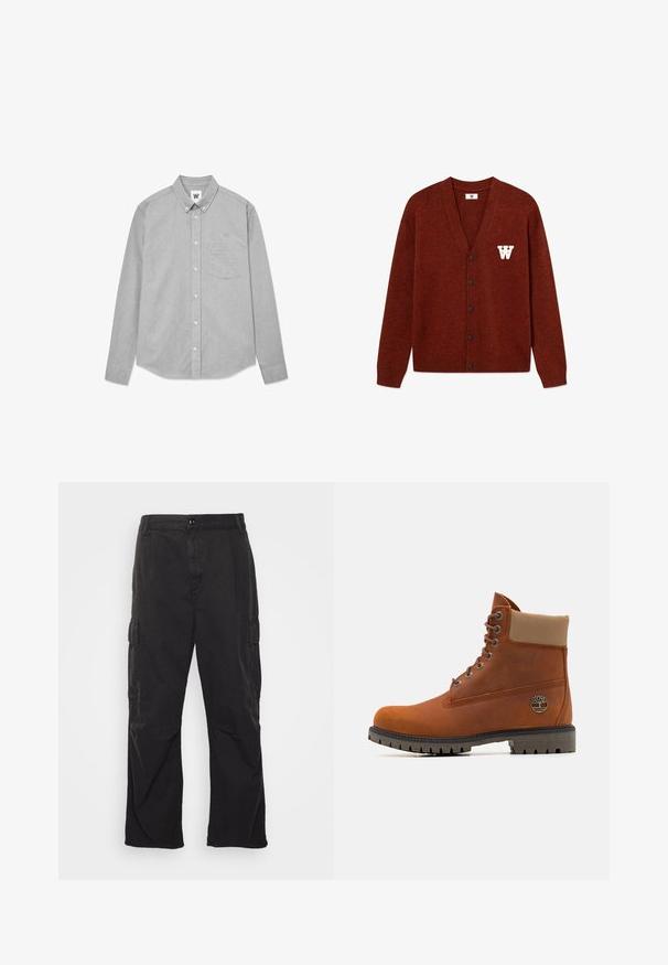 DOUBLE A BY W.W. WWTAY CARDIGAN 25081 - Jopica - decadent chocolate melange; Sivina dolga bluza z gumbi, z žepom, ovratnikom in vezenim logotipom na prsih. Narejena iz teksturirane tkanine.; Črne cargo hlače s ravnim krojem, ki vključujejo dve stranski žepu, gumbasto zapiranje in teksturirano blago.; Timberland Gležnjarji z vezalkami - medium orange