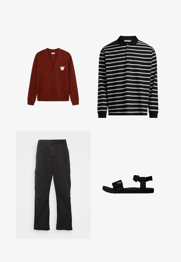 DOUBLE A BY W.W. WWTAY CARDIGAN 25081 - Jopica - decadent chocolate melange; Polo majica z dolgimi rokavi je izdelana iz črne tkanine z belimi vodoravnimi črtami, ima ovratnik in zapenjanje na tri gumbe.; Črne cargo hlače s ravnim krojem, ki vključujejo dve stranski žepu, gumbasto zapiranje in teksturirano blago.; Črne sandale z nastavljivimi tkaninskimi trakovi, teksturirano gumijasto podplat in oznako logotipa. Oblikovane za udobje in zunanjo uporabo.